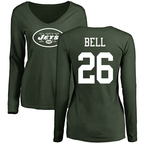 New York Jets Green Women LeVeon Bell Name and Number Logo NFL Football #26 Long Sleeve T Shirt